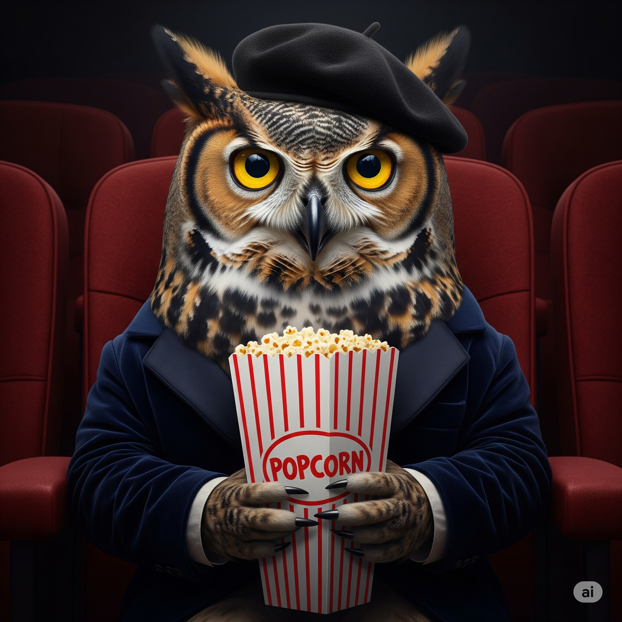 Le hibou d’Écran d'encre assis dans un siège de cinéma avec du pop-corn, attendant le résultat du premier sondage des lecteurs.